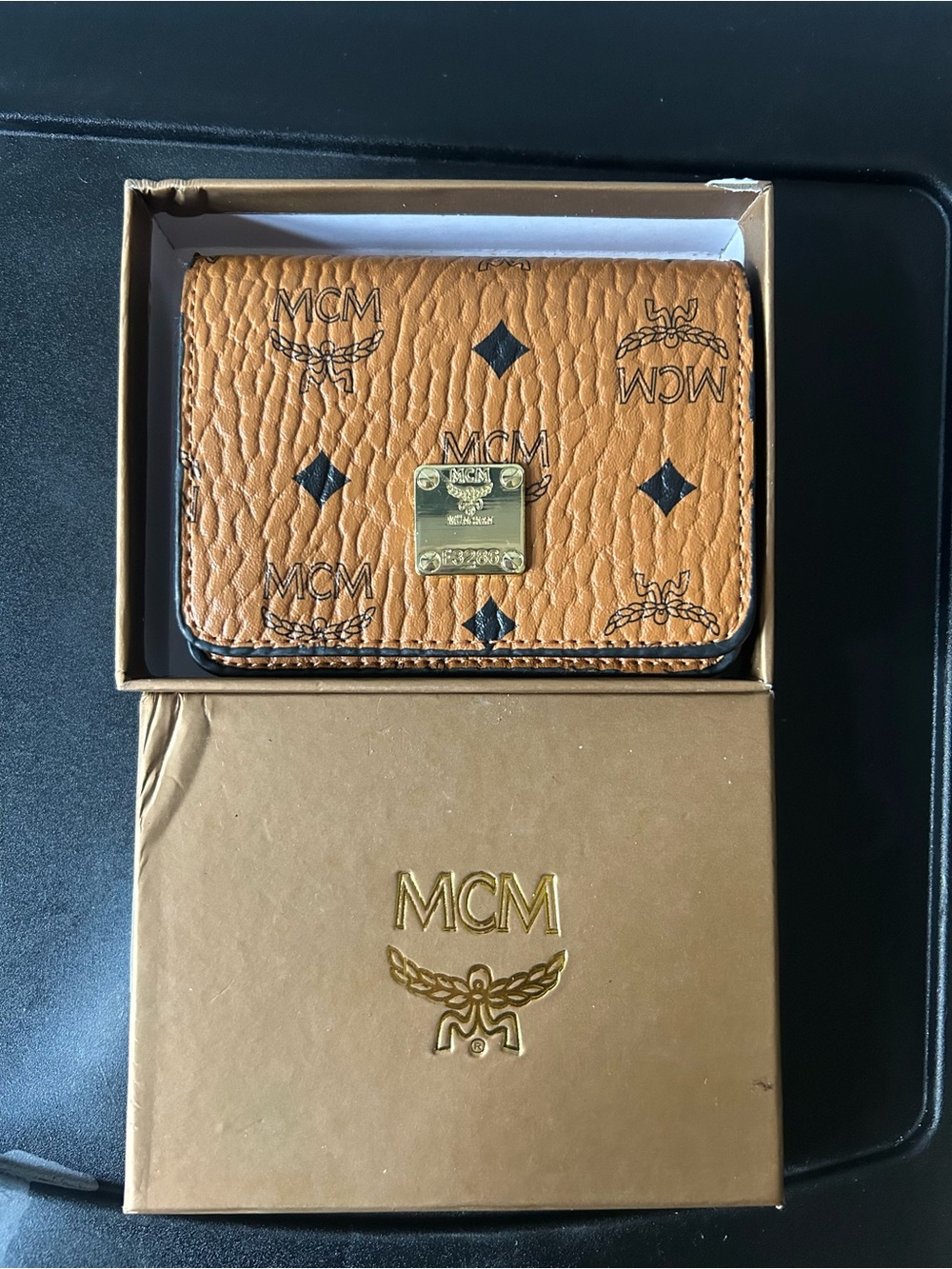 MCM Cognac Brown Visetos Mini Wallet with Gold Plaque